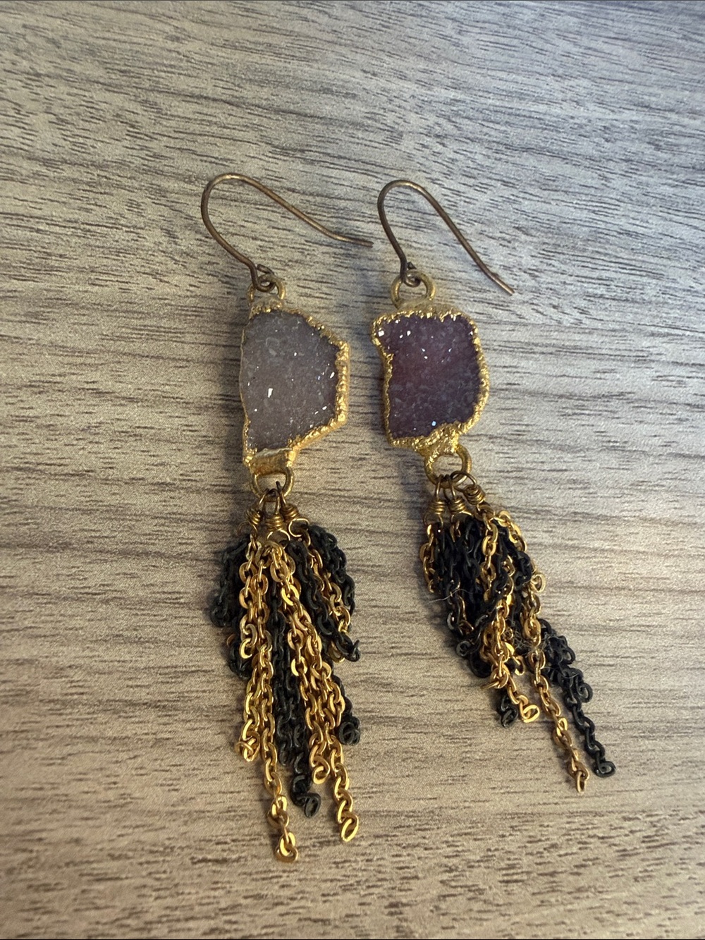 Gold-Trim Druzy Tassel Drop Earrings in Purple and Gray